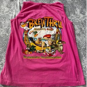 Brew Thru Graphic Tank Top Pink Cartoon Drive ThruConvenience Store Casual Beach